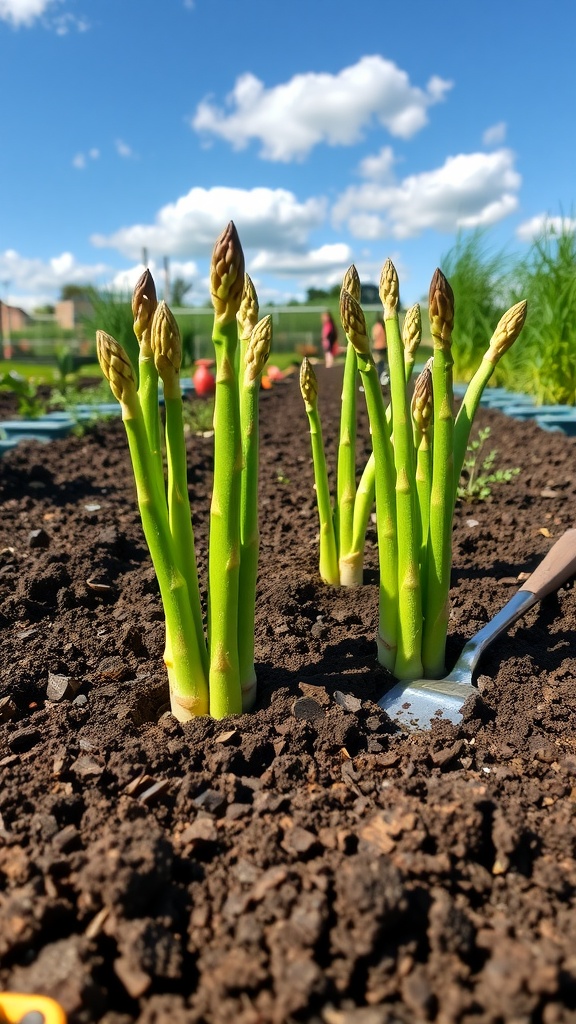 Freshly planted asparagus crowns in a sunny garden.